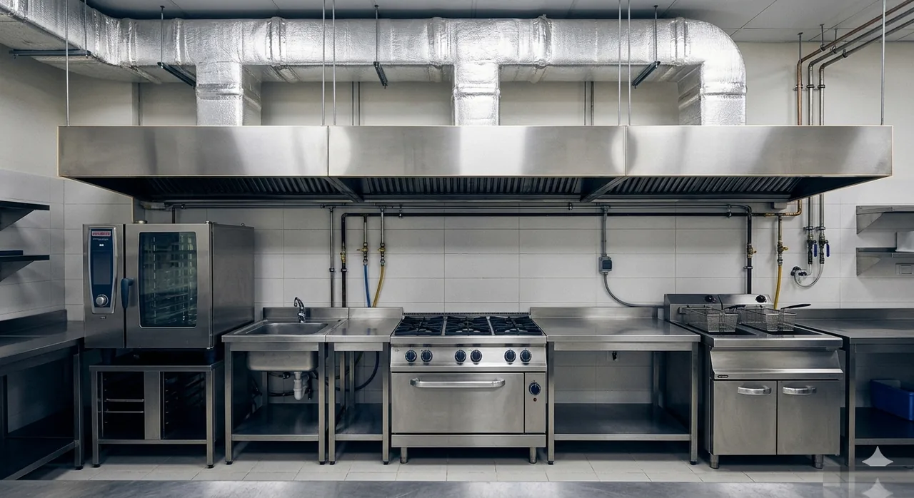 Commercial kitchen equipment installation in a hospitality back-of-house space