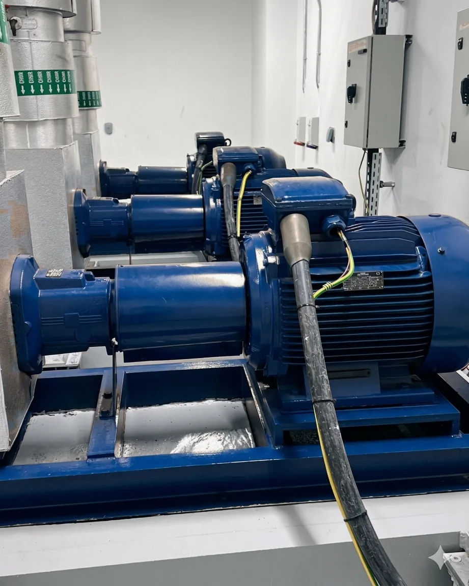 Chilled water pump motors and CHW risers in a commercial plant room