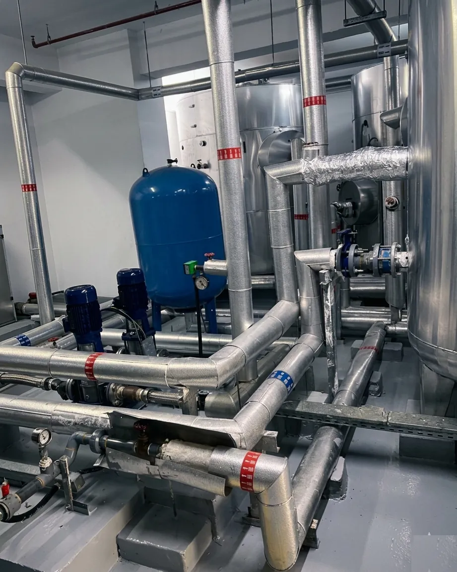 Mechanical room piping overview on a live site